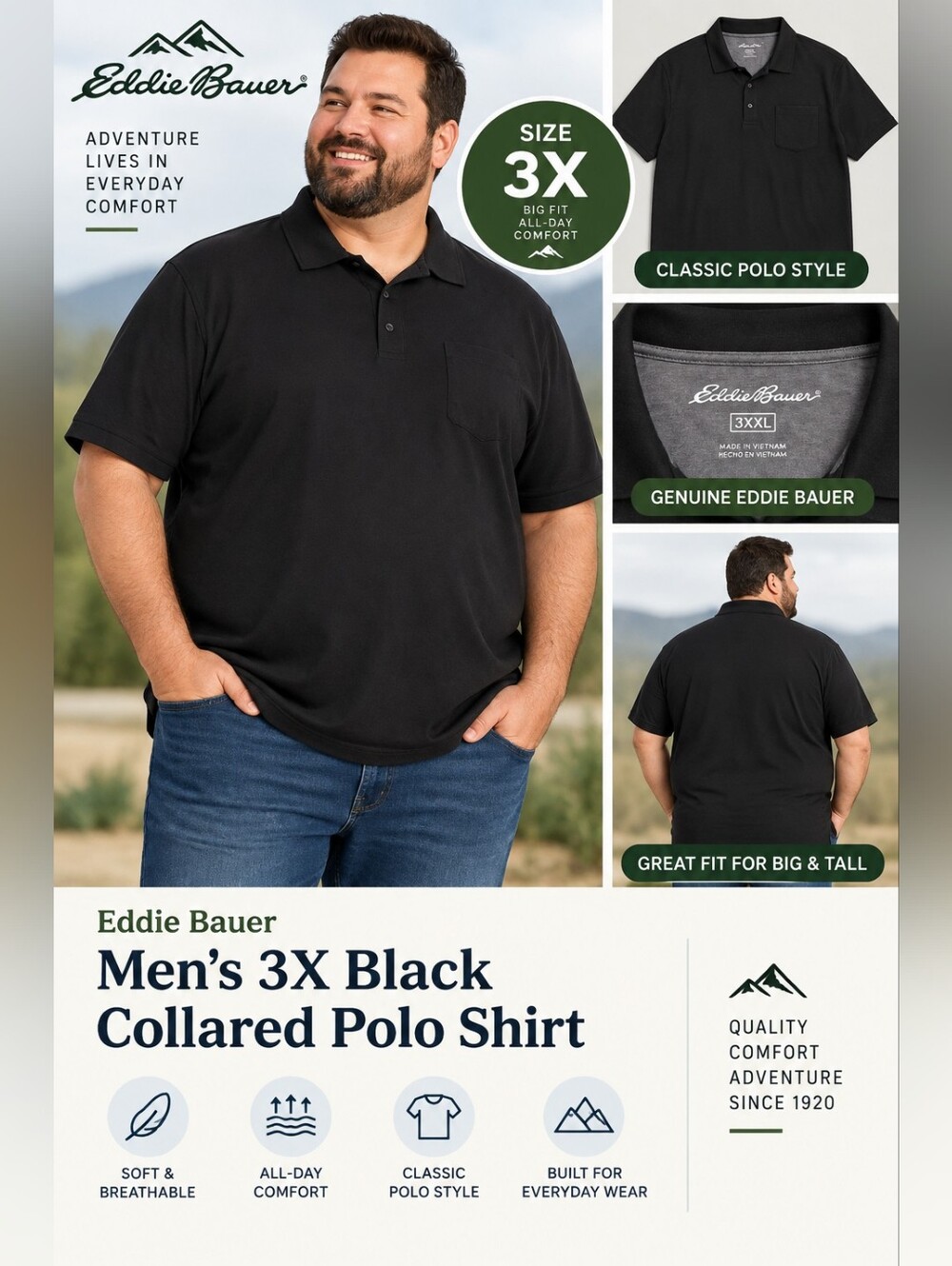 Eddie Bauer men's 3X black collared polo shirt #12